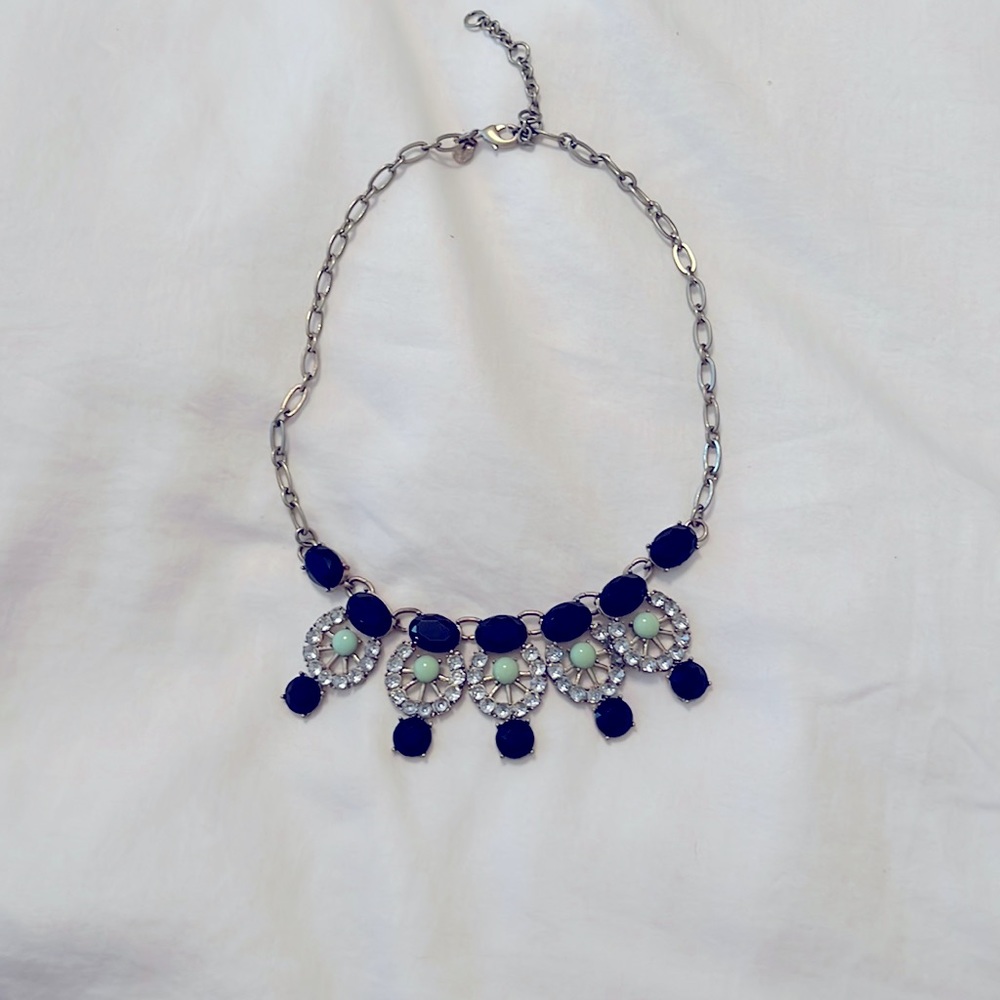 J. Crew Goldtone Navy Blue/Mint Rhinestone Statement Necklace